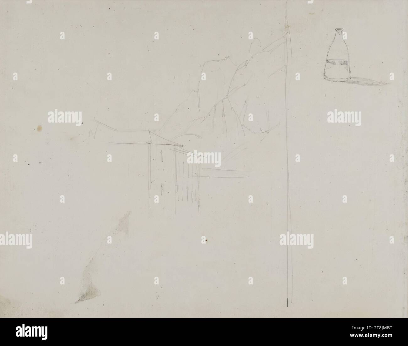 Grobe Landschaftsskizze mit Haus; Flaschenstudie, Skizzenbuch Gauermann Carl; 64 Seiten mit Seiten, Carl Gauermann, Miesenbach, Niederösterreich, 1804 - 1829 Miesenbach, Zeichnung, Bleistift, Blatt: 19 x 24 cm Stockfoto