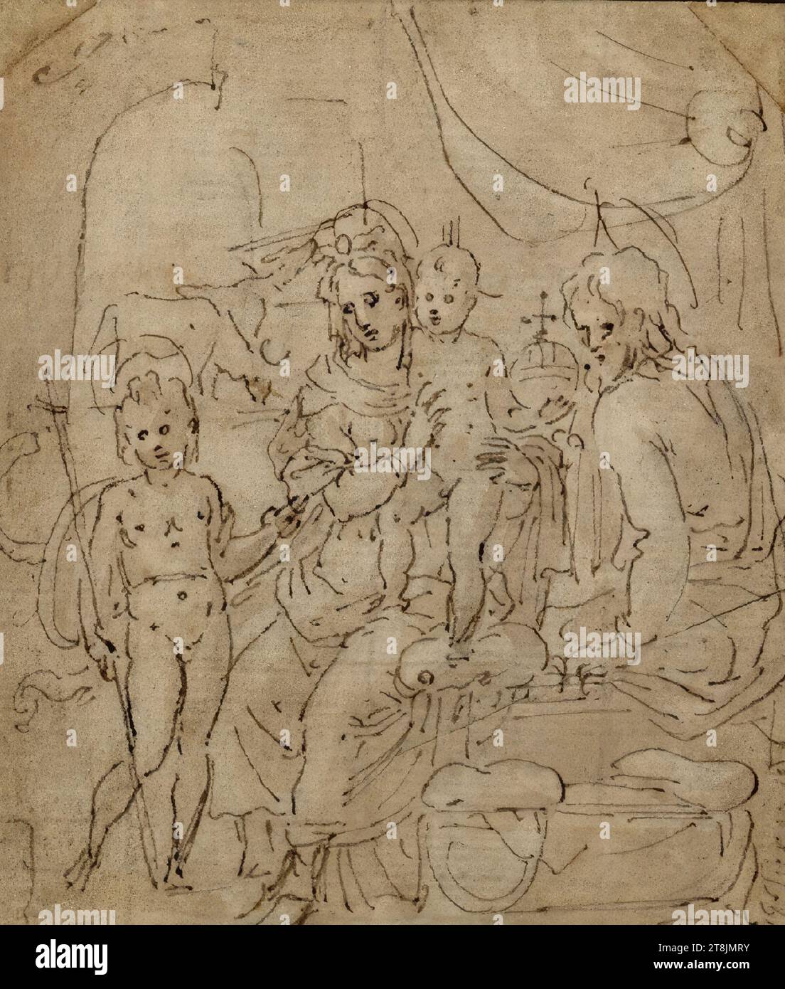 Die Madonna mit dem Kind auf dem Schoß, die Reichsorne, umgeben von Joseph und Johannes, Leonard Thiry, Deventer um 1500 - um 1550 Antwerpen, Zeichnen, Stift, Tusche, Pinsel, bräunliche Waschung mit Bister, 9,6 x 8 .3 cm Stockfoto