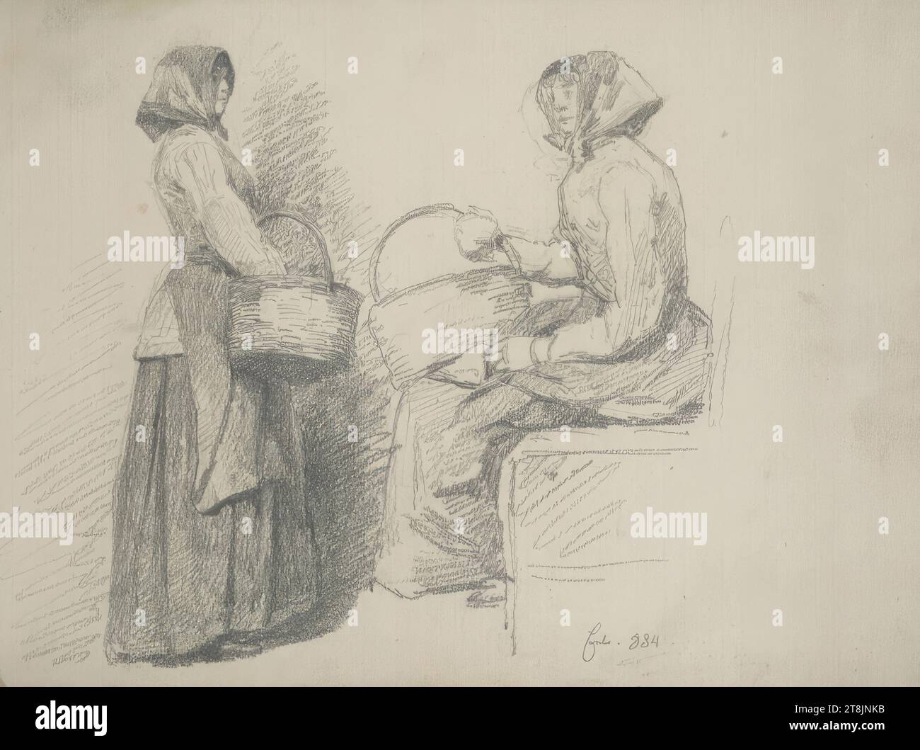 Studie zweier Bauernfrauen, Rösch Ludwig Skizzenbuch; 30 Seiten, Ludwig Rösch, Wien 1864 - 1936 Wien, Februar 1884, Skizzenbuch: 1883 bis 1885, Zeichnung, Bleistift, Blatt: 20,9 x 29,3 cm, Österreich Stockfoto