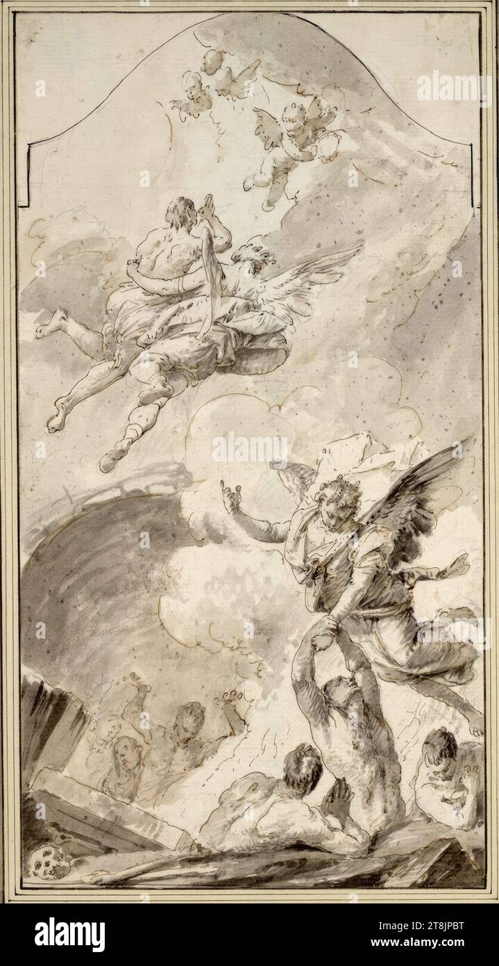 Die armen Seelen im Fegefeuer, Franz Karl Palko, Breslau 1724 - 1767/1770, Prag, Zeichnung, brauner Stift, graubrauner Pinsel, gewaschen, 38,6 x 20,5 cm, rechts. Unten: Albert von Sachsen-Teschen Stockfoto