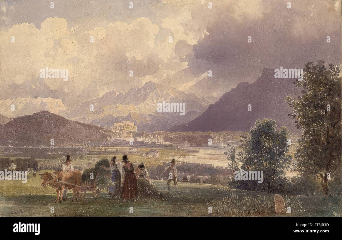 Blick auf Salzburg, Rudolf von Alt, Wien 1812 - 1905 Wien, Zeichnung, Aquarell, Blatt: 10,3 x 16 cm, Sub. li. Die Mitte: 'Rudolf Alt ...', Pinsel in Braun, Österreich Stockfoto