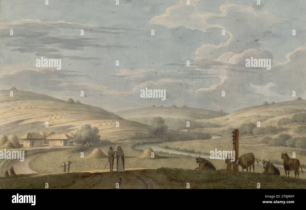 Fluss Kodyma, ehemalige Grenze zwischen Polen und Tatarstan durch Oczakow, Johann Heinrich Müntz, Mulhouse im Elsass 1727 - 1798 Kassel, 1781, Zeichnung, Stift in Braun, Stift und Pinsel in Schwarz-Grau, Aquarell; schwarz-graue Grenzlinie, 19,6 x 31,3 cm, l.l. Herzog Albert von Sachsen-Teschen, rückwärts: "La Vue du Vallon de la petite Rivière de Kodema, qui dètermine les frontières entre la Pologne et la Tartarie d'Oczakow", Stift in Braun mit Bleistift Stockfoto