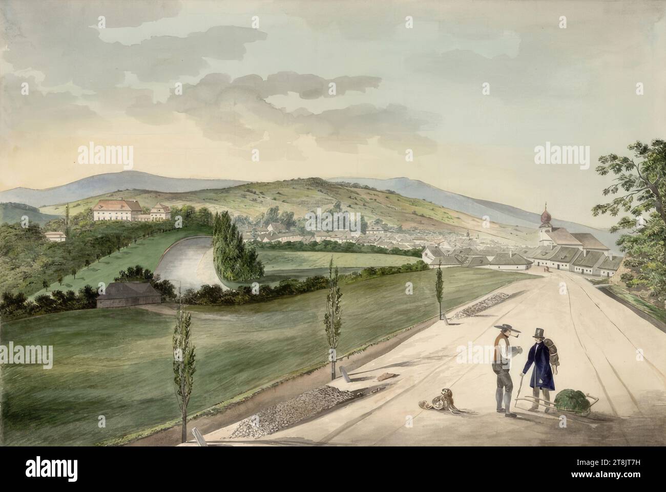 Market Seclowitz von der Ostseite, J. Tost, 1833, Zeichnung, Aquarell, 29,6 x 42,8 cm, rechts. "Auf der Grundlage der Natur: v. J. Tost 18,33 Stockfoto