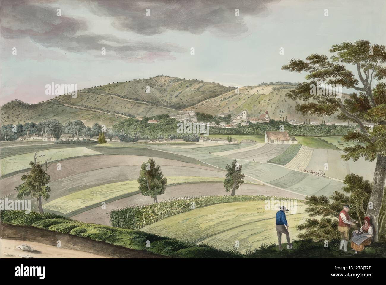 Market Seclowitz von der Westseite, J. Tost, 1833, Zeichnung, Aquarell, 29,7 x 43,1 cm, rechts. "Auf der Grundlage der Natur: v. J. Tost 18,33 Stockfoto