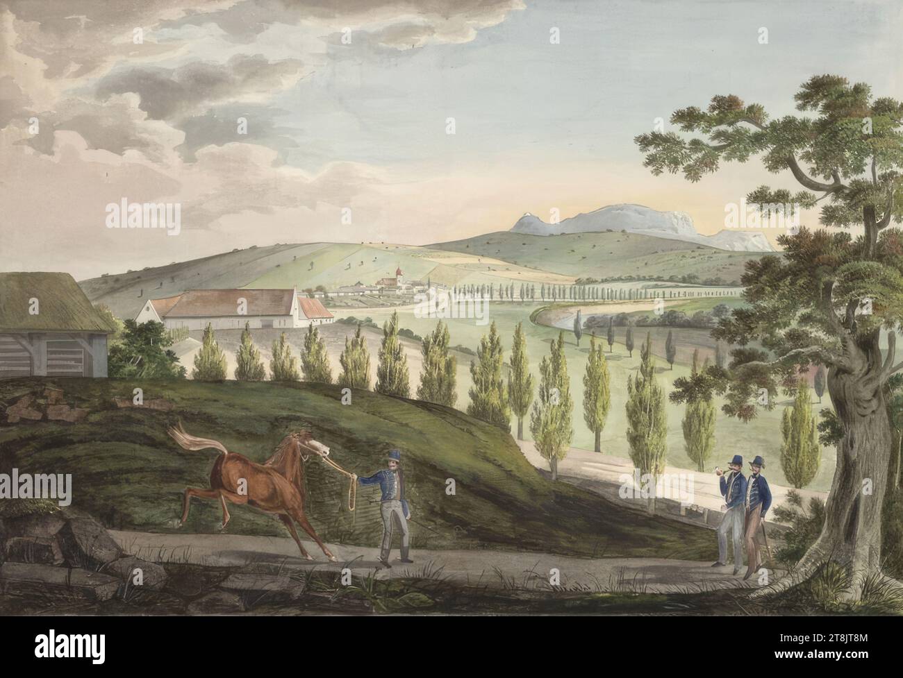 Niemtschitz-Markt und der Baudecker-Hof, J. Tost, 1834, Zeichnung, Aquarell, 29,7 x 42,8 cm, rechts. "Auf der Grundlage der Natur: v. J. Tost 18,34 Stockfoto