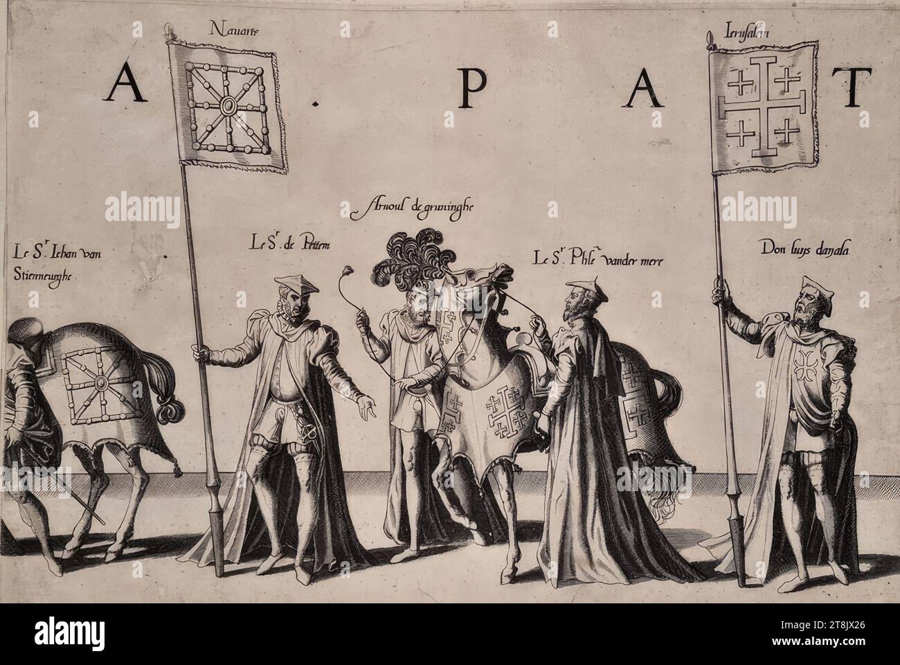 Trauerzeremonien für Kaiser Karl V. am 29. Dezember 1558 in Brüssel: Prozession, Platte 17, de seer schoone ordonnantie vanden rouwe des wtvaerts vanden aldermachtichsten end onverwinlicksten Carolo de Viifste, Roomsche Keyser, Hoochlooflicker ghedachtenisse: Ghehovden in der Stadt Bruessele der XXIX. Dach der Decembri, M.d.LVIII. Duer Philippum Coninck van Spaengien &c.. Synen Soon, Antwerpen, Christoph Plantin, 1559, 1559, Druck, Ätzen auf Papier, Blatt: 27,1 x 34,8 cm, [oben] „A PAT“; [links] „17 Stockfoto