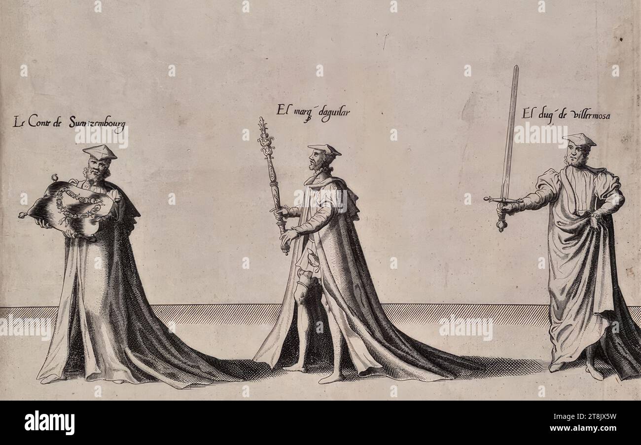 Trauerzeremonien für Kaiser Karl V. am 29. Dezember 1558 in Brüssel: Prozession, Platte 27, de seer schoone ordonnantie vanden rouwe des wtvaerts vanden aldermachtichsten end onverwinlicksten Carolo de Viifste, Roomsche Keyser, Hoochlooflicker ghedachtenisse: Ghehovden in der Stadt Bruessele the XXIX. Dach der Decembri, M.d.LVIII. Duer Philippum Coninck van Spaengien &c.. Synen Soon, Antwerpen, Christoph Plantin, 1559, 1559, Druck, Ätzen auf Papier, Blatt: 27,2 x 33 cm, [l.u.] '27 Stockfoto