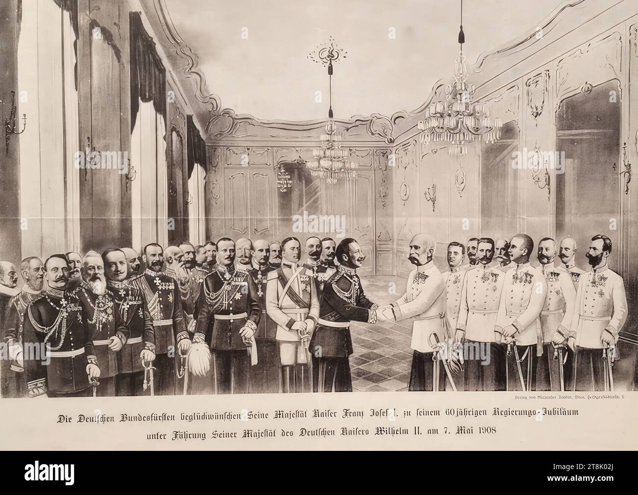 Die deutschen Bundesfürsten gratulieren seiner Majestät Kaiser Franz Josef I. zu seinem 60. Regierungsjubiläum unter der Führung seiner Majestät des deutschen Kaisers Wilhelm II. Am 7. Mai 1908.", 1908, Druck, Zink, auf Papier, Blatt: 46,9 x 33,1 cm, lange Verlagsmarke, rückwärts Stockfoto