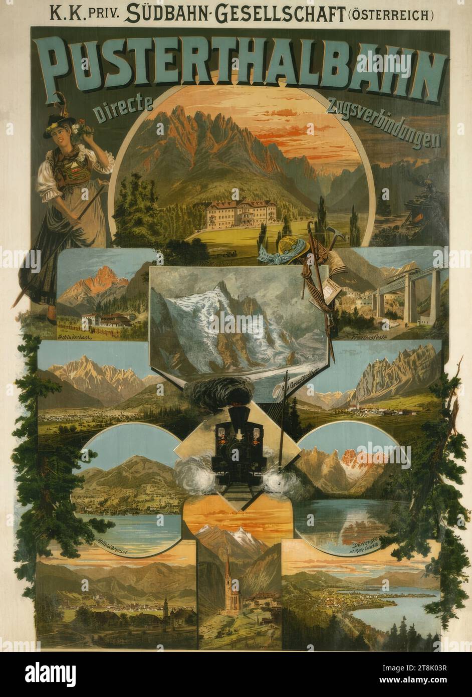 K. PRIV. FIRMA SÜDBAHN; PUSTERTHALBAHN; Sommerfahrordnung 1889, Anonym, 1889, Druck, Farblithographie, Blatt: 1120 mm x 805 mm Stockfoto