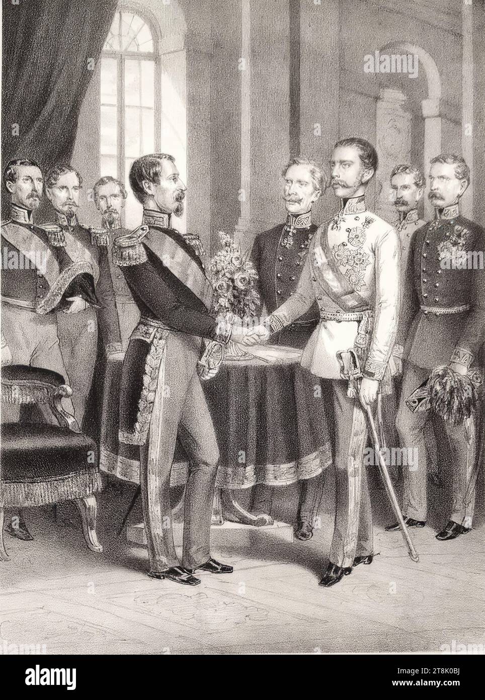 Das Treffen der beiden Monarchen Franz Joseph I. und Napoleon III. In Villafranca am 11. Juli 1859.", 1859, Druck, Lithographie auf Papier, Blatt: 44,9 x 29,7 cm, langer Stempel "BIBLIOTHEK, DES K.K., MINISTERIUM FÜR POLIZEI", Recto, runder Stempel "BIBLIOTHEK DES RATSVORSITZES DES KK-MINISTERS", Recto Stockfoto