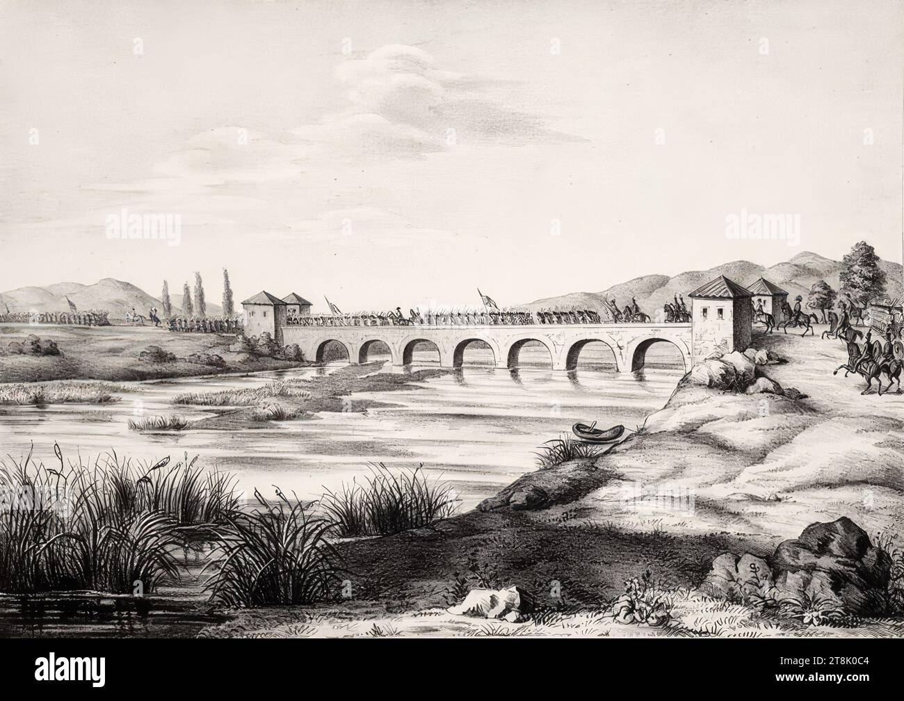 Übergang der österreichischen Armee über die Brücke in Buffalora am 29. April 1859.", 1859/60, Druck, Lithographie auf Papier, Blatt: 29 x 46,1 cm, langer Stempel "BIBLIOTHEK, K.K. SUPREME, POLIZEIBEHÖRDE", Recto, runder Stempel "BIBLIOTHEK DES RATSVORSITZES DES KK-MINISTERS", Recto Stockfoto