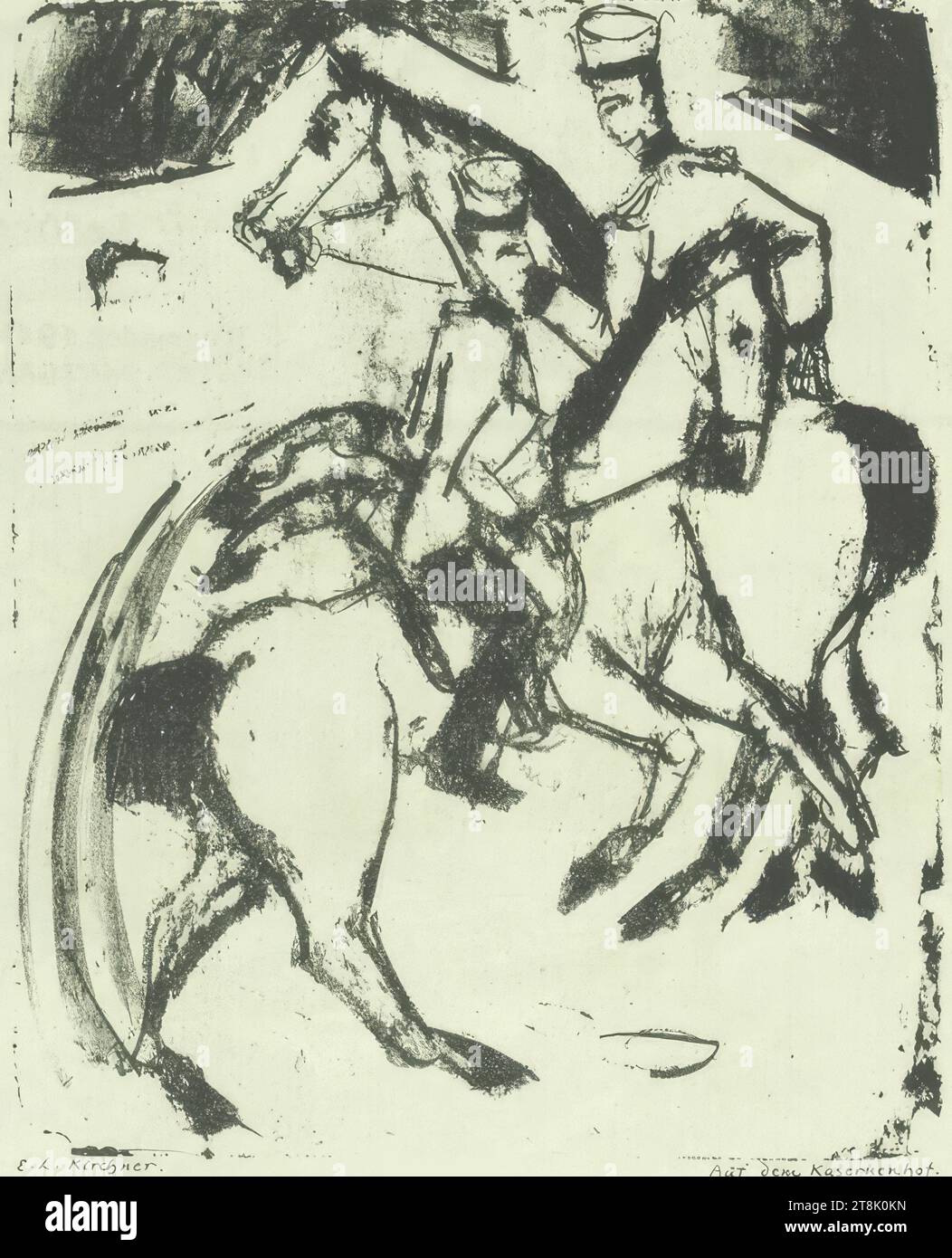Auf dem Kasernenhof, der Bildmensch, Steinzeichnungen für das deutsche Volk, herausgegeben von Paul Cassirer, 1. Jahr, Ausgabe 15, Berlin, 5. November, 1916, Ernst Ludwig Kirchner, Aschaffenburg 1880 - 1938 Frauenkirch bei Davos, 1916, Drucke, Lithographie, Platte: 26,8 x 21,4 cm, rechts. In der Akte: "Auf dem Barackenhof Stockfoto