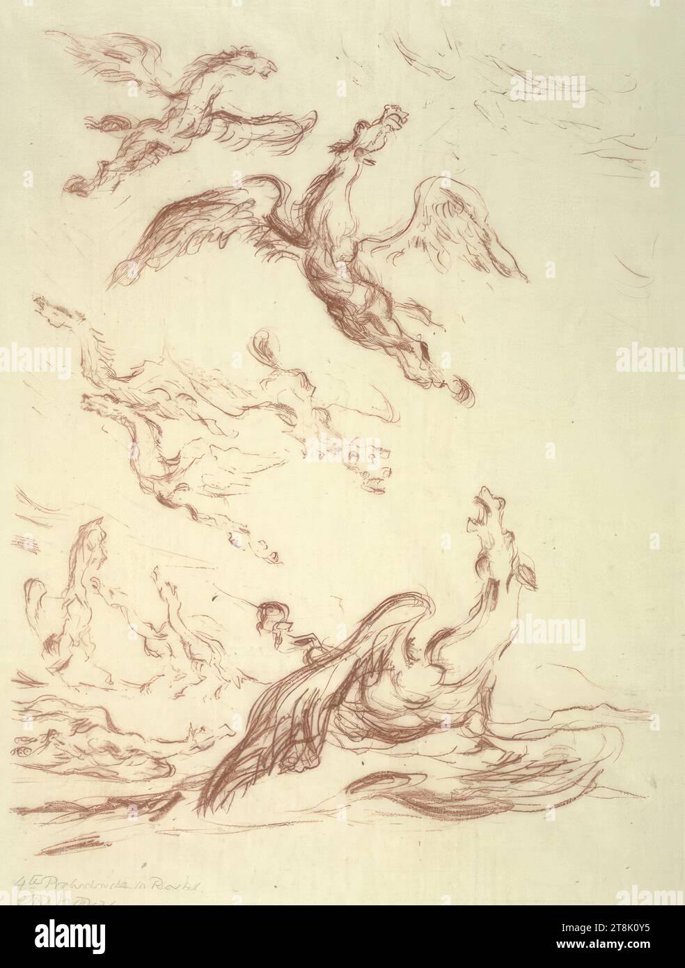 Pegasus Horde, Otto Hettner, Dresden 1875 - 1931 Dresden, 1918, Druck, Lithographie in Rotkreide, Japanpapier, Platte: 40 x 31 cm, l.l. '4. Proof in Rotkreide Stockfoto