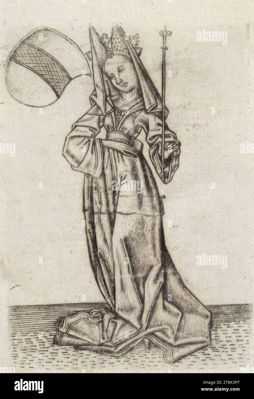 Wappenfrau, das kleine Kartenspiel, Meister E.S., aktiv um 1450-1467/68 am Oberrhein, zweites Drittel des 15. Jahrhunderts, Druck, Kupferstich, Platte: 9,8 x 6,8 cm Stockfoto