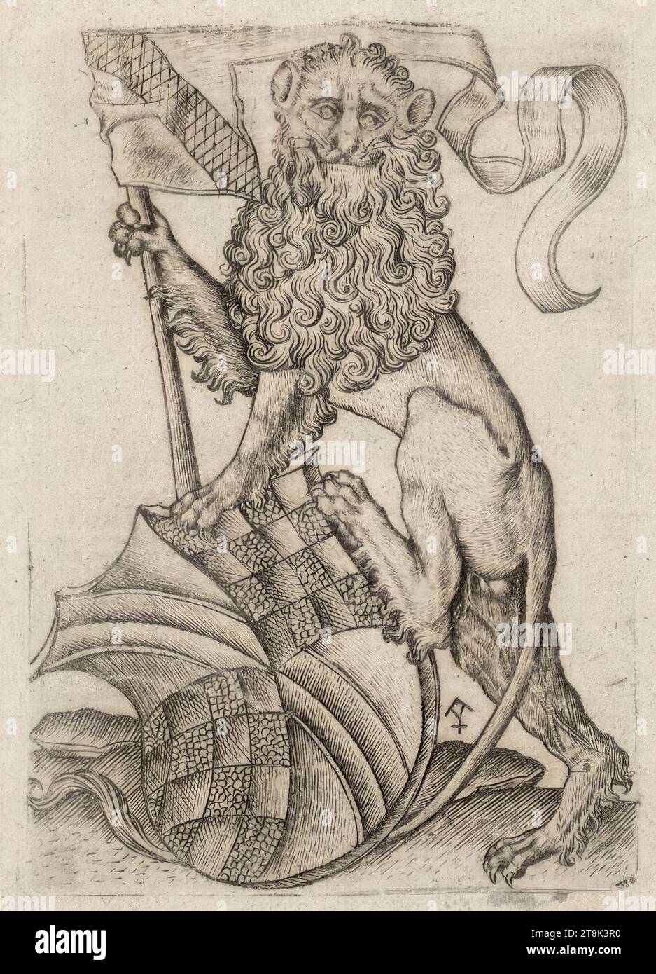ACE of Arms, das kleine Kartenspiel, Meister E.S., aktiv um 1450-1467/68 am Oberrhein, zweites Drittel des 15. Jahrhunderts, Druck, Kupferstich, Platte: 9,8 x 6,8 cm Stockfoto