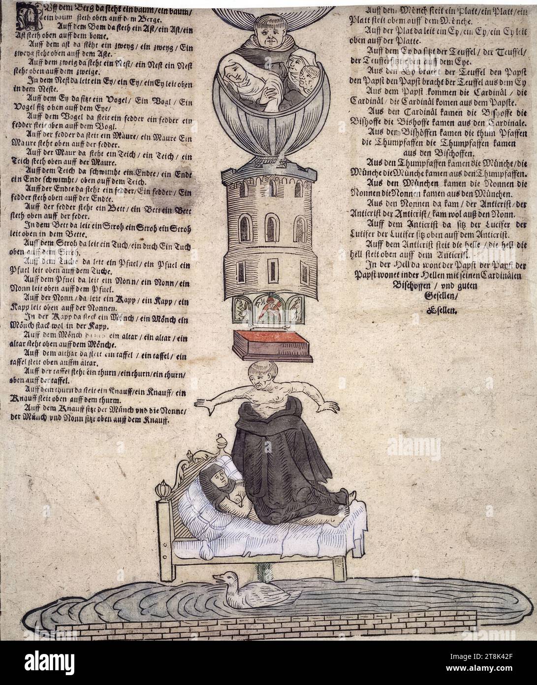 Wahres Bild und kontrafaktisches Bild des römischen Papstes, das von Leonhart Hering vor hundert Jahren gesungen wurde wahres Bild und kontrafaktisches Bild des römischen Täufers, der von Leonhart Hering vor hundert Jahren gesungen wurde Anonym, Druckerei, Holzschnitt, farbig Stockfoto