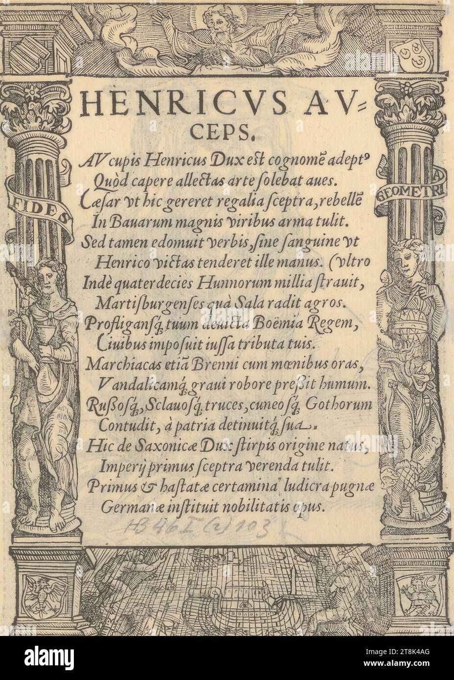 Text zum Porträt von Heinrich I., Herzog von Sachsen und König des Heiligen Römischen Reiches, ILLVSTRISSIMO PRINCIPI AC DOMINO, DOMINO, AVGVSTO, DVCI SAXONIAE ELECTORI, SACRI ROMANI IMPERII ARCHImarschallo, Landgrauio Thuringiæ, Marchioni Misniae, Burggrauio Magedburgensi, Domini suo clementissimo, S.D, 34 Porträts sächsischer Fürsten, Lucas Cranach dem Älteren. J., Wittenberg 1515 - 1586 Weimar, 1563, Druck, Holzschnitt, Blatt: 18,4 x 12,9 cm Stockfoto