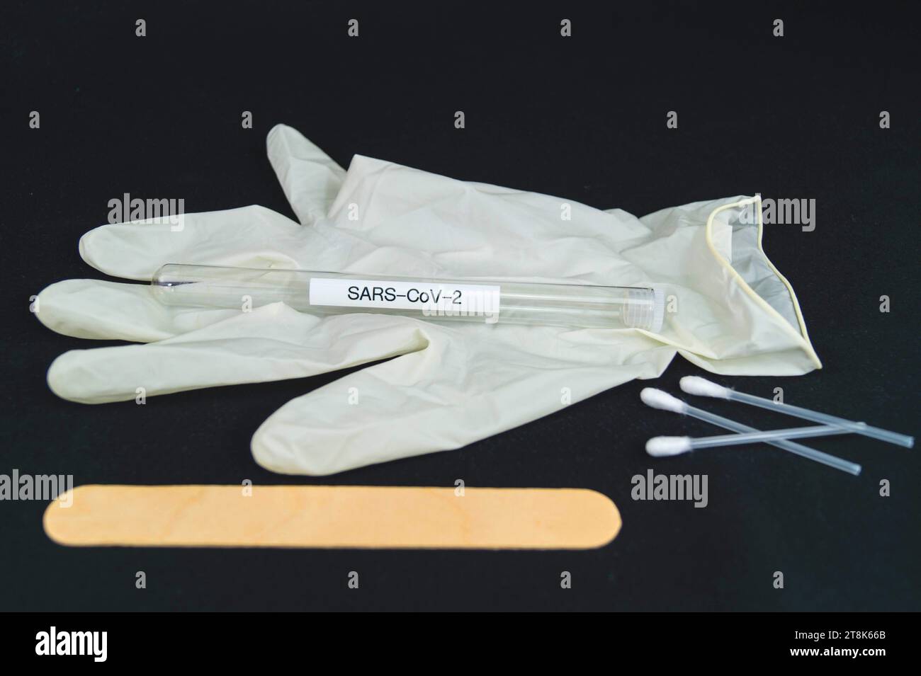 Corona-Testschlauch, Latexhandschuh, Wattestäbchen und Spachtel Stockfoto