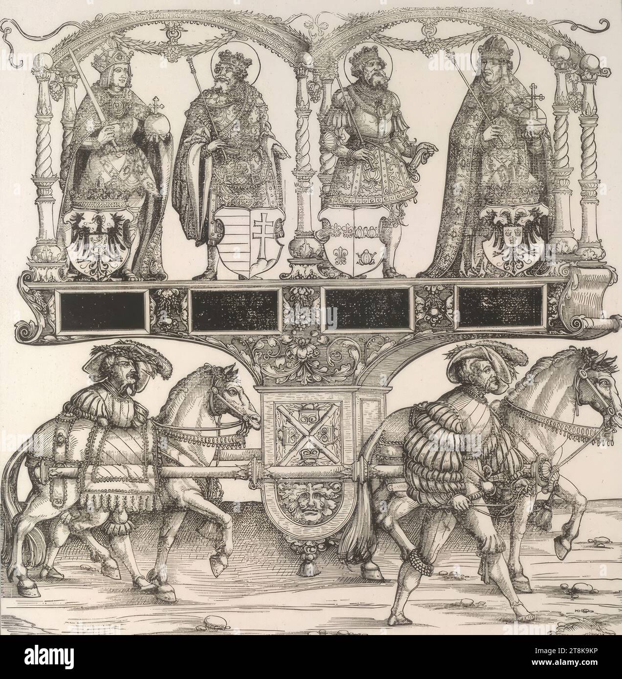 Triumphzug Kaiser Maximilians I.: Kaiser Rudolf I., die Könige Stephan V. Ungarn und Clovis I., Kaiser Karl der ältere G., Triumphzug Kaiser Maximilians I., Hans Springinklee, Nürnberg 1490/95 - um 1540 Nürnberg, 1796, Erstauflage 1526, Druck, Holzstiftergänzungen mit Stift in Grau, 340,9 x 292,2 cm, 134 x 115 1/16 Zoll Stockfoto