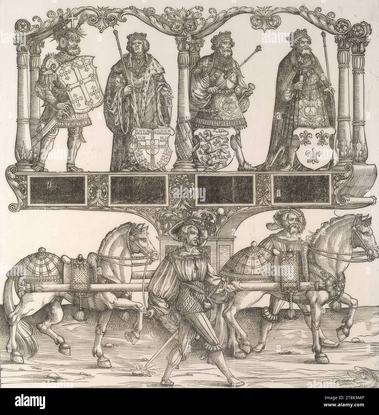 Triumphzug Kaiser Maximilians I.: Die Könige Gottfried von Bouillon, Johann v. Portugal, Arthur, Odobert v. d. Provence, Triumphzug Kaiser Maximilians I., Hans Springinklee, Nürnberg 1490/95 - um 1540 Nürnberg, 1796, Erstausgabe 1526, Druck, Holzschnitt, 340,9 x 292,2 cm, 134 3/16 x 115 1/16 Zoll Stockfoto