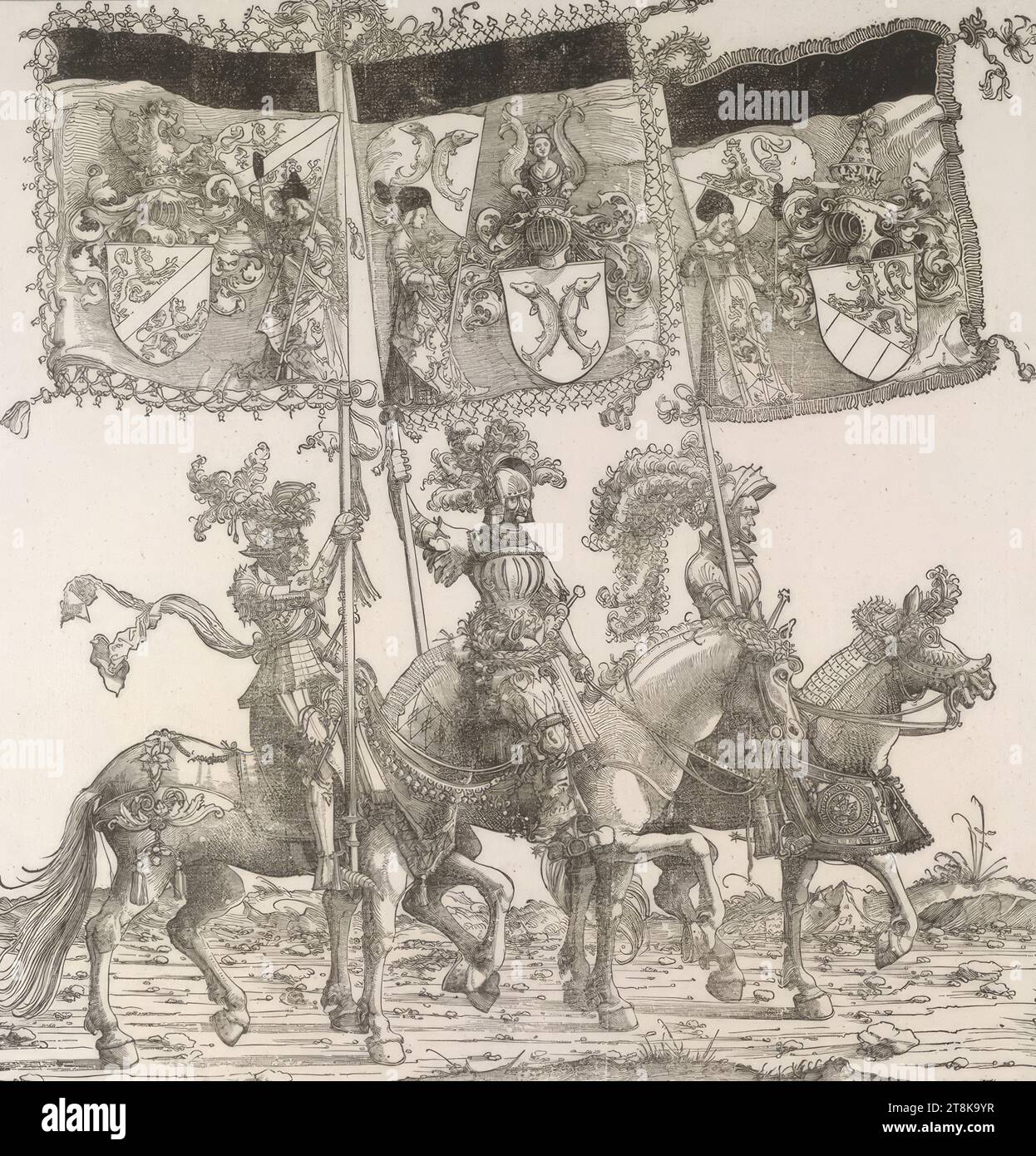 Triumphzug Kaiser Maximilians I.: Banner von Kyburg, Ferrette und Gorizia, Triumphzug Kaiser Maximilians I., Albrecht Altdorfer, Deutschland, 1480 - 1538, 1796, Erstausgabe 1526, Druck, Holzschnitt Stockfoto