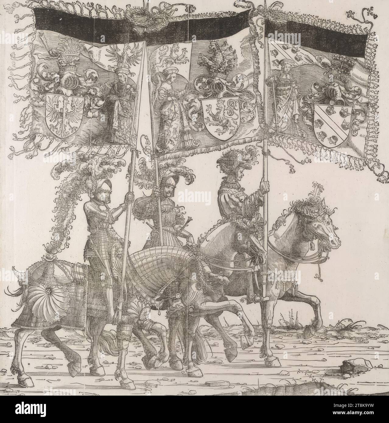 Triumphzug Kaiser Maximilians I.: Banner von Tirol, Habsburg und Elsass, Triumphzug Kaiser Maximilians I., Albrecht Altdorfer, Deutschland, 1480 - 1538, 1796, Erstausgabe 1526, Druck, Holzschnitt Stockfoto