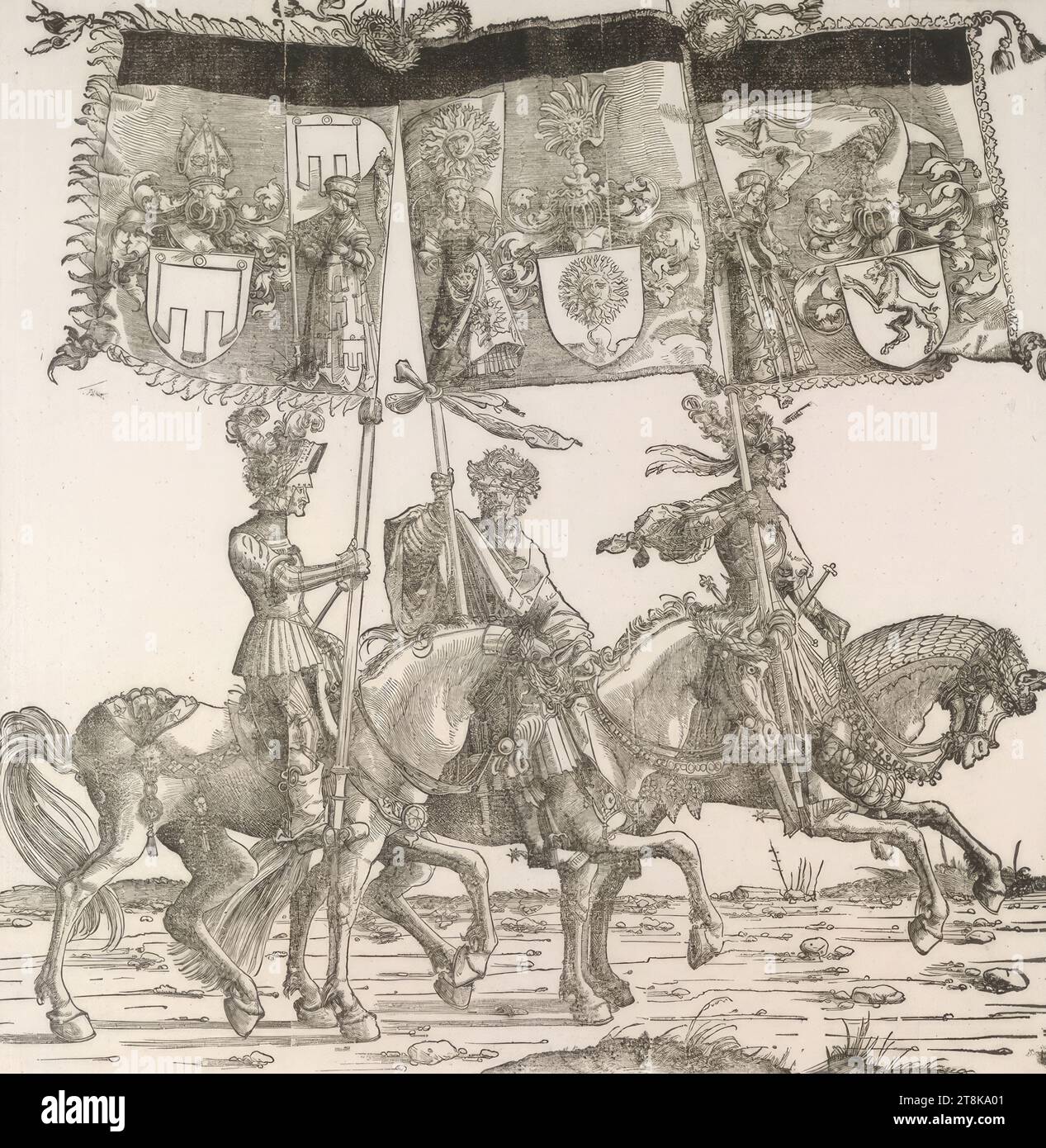 Triumphzug Kaiser Maximilians I.: Banner von Feldkirch, Sunnenberg und Glaris, Triumphzug Kaiser Maximilians I., Albrecht Altdorfer, Deutschland, 1480 - 1538, 1796, Erstausgabe 1526, Druck, Holzschnitt Stockfoto