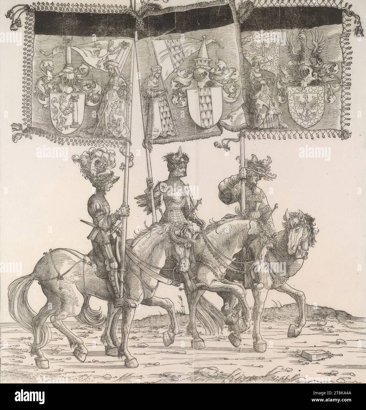 Triumphzug Kaiser Maximilians I.: Fahne von Saulgau, Bregenz und Freiburg, Triumphzug Kaiser Maximilians I., Albrecht Altdorfer, Deutschland, 1480 - 1538, 1796, Erstausgabe 1526, Druck, Holzschnitt Stockfoto