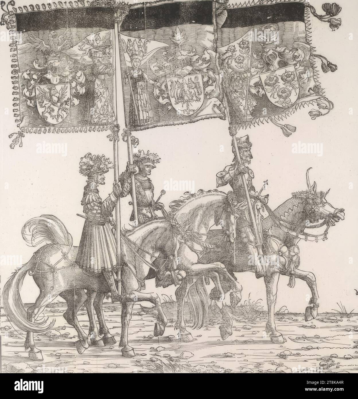 Triumphzug Kaiser Maximilians I.: Fahne Neuburg am Inn, Schwarzwald und Rapersweil, Triumphzug Kaiser Maximilians I., Albrecht Altdorfer, Deutschland, 1480 - 1538, 1796, Erstausgabe 1526, Druck, Holzschnitt Stockfoto