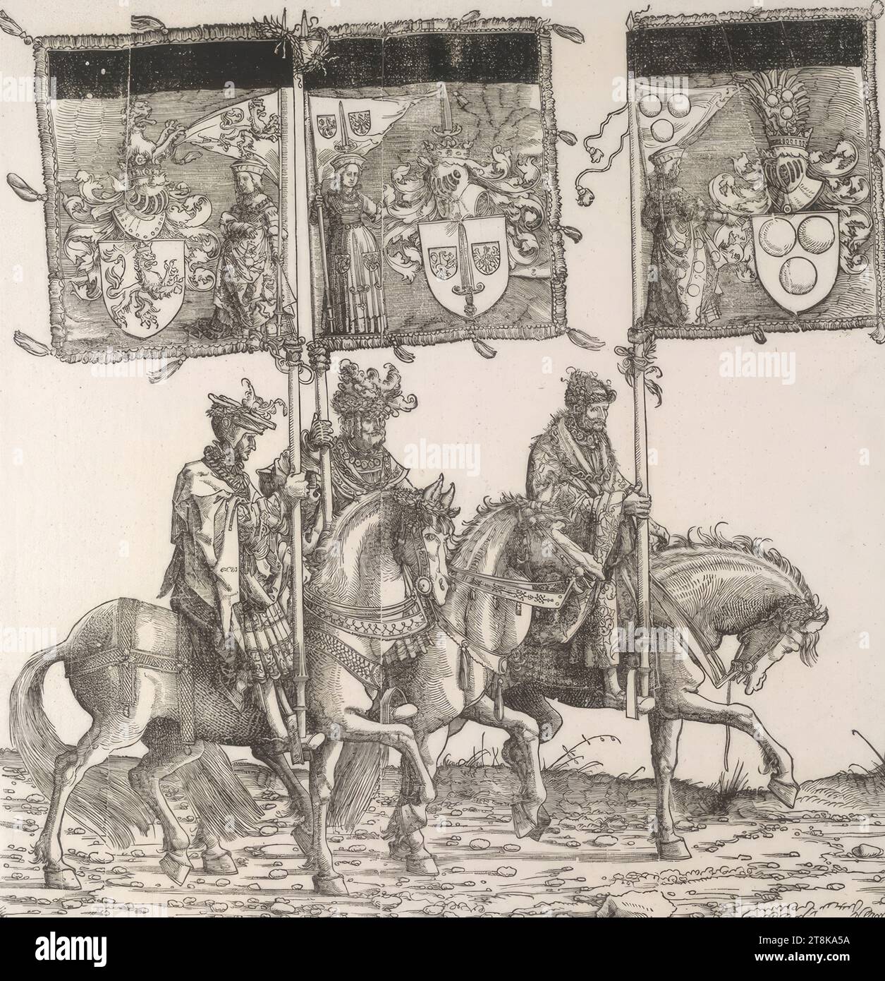 Triumphzug Kaiser Maximilians I.: Banner von Chimay, Aalst und Wallonien, Triumphzug von Kaiser Maximilian I., Albrecht Altdorfer, Deutschland, 1480 - 1538, 1796, Erstausgabe 1526, Druck, Holzschnitt Stockfoto