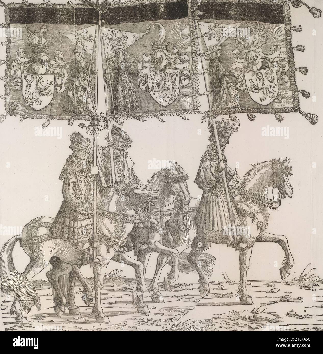 Triumphzug Kaiser Maximilians I.: Fahne von Flandern, Burgund, Freie Grafschaft und Hennegau, Triumphzug Kaiser Maximilians I., Albrecht Altdorfer, Deutschland, 1480 - 1538, 1796, Erstausgabe 1526, Druck, Holzschnitt Stockfoto