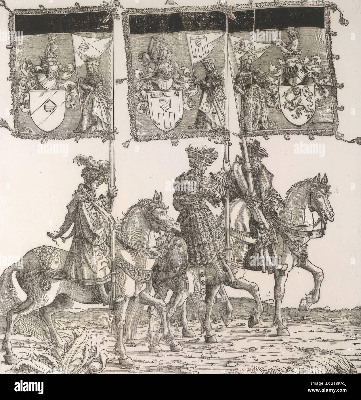 Triumphzug Kaiser Maximilians I.: Banner von Auxerrois, Maconais und Charolais, Triumphzug von Kaiser Maximilian I., Albrecht Altdorfer, Deutschland, 1480 - 1538, 1796, Erstausgabe 1526, Druck, Holzschnitt Stockfoto