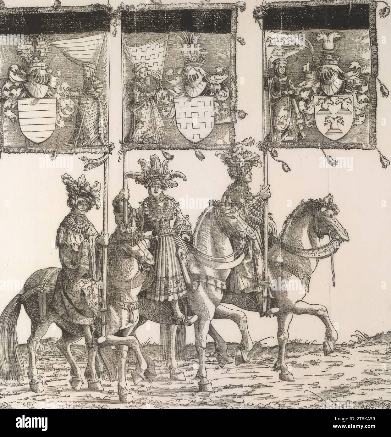 Triumphzug Kaiser Maximilians I.: Banner von Aussone, Arcus und Ostrevant, Triumphzug Kaiser Maximilians I., Albrecht Altdorfer, Deutschland, 1480 - 1538, 1796, Erstausgabe 1526, Druck, Holzschnitt Stockfoto