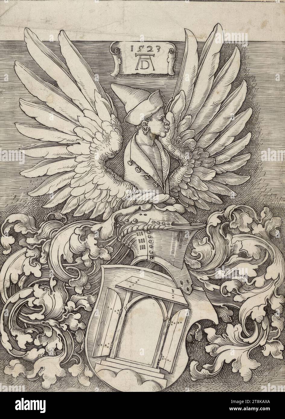 Das Wappen von Albrecht Dürer, Albrecht Dürer, Nürnberg 1471 - 1528 Nürnberg, 1523, Druck, Holzschnitt; Blatt ist bis zum Rand der Platte zugeschnitten, Blatt: 35,6 x 26,1 cm Stockfoto