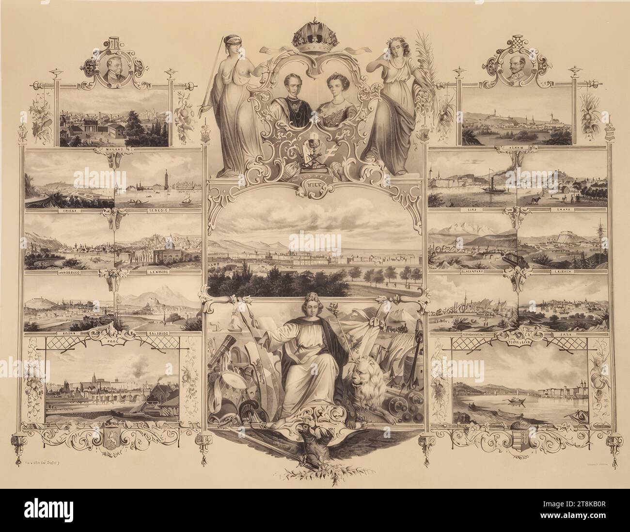 Porträt des österreichischen Reichspaares umgeben von allegorischen Figuren ihrer Herrschaft und Ansichten der siebzehn wichtigsten Städte des österreichischen Reiches, 1857, Druck, Lithographie mit Tonplatte auf Papier, Blatt: 57 x 74,2 cm, [l.u.] 'unter Vorbehalt der Legal. Schutz vor erneutem Drucken.“; [R.r.] „bearbeitet von. Amt. Ziegler j. Landstraße in Sünhof Stockfoto