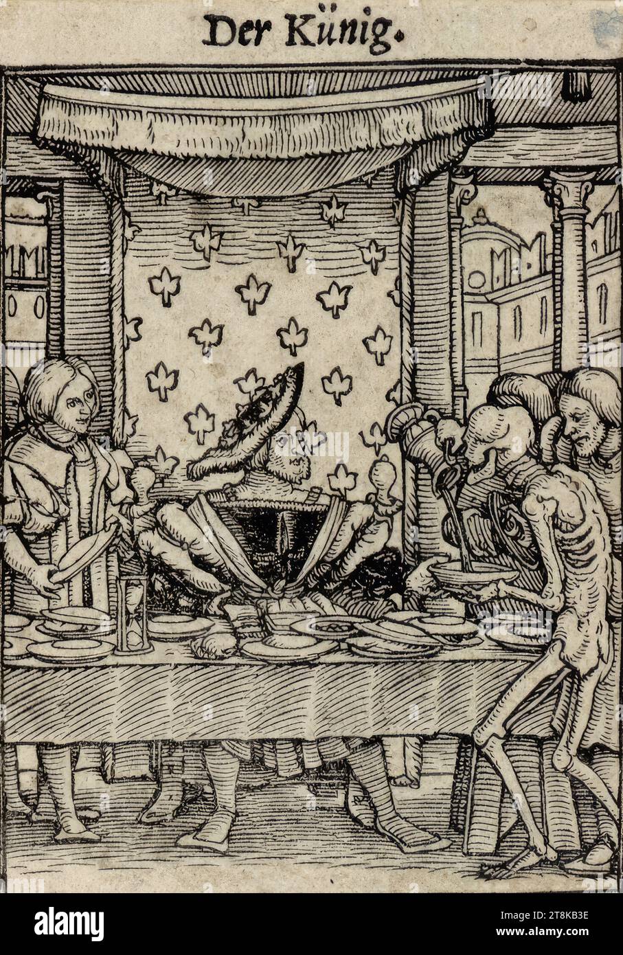 Der König, die Bilder des Todes, Les Simulachres & historiees Faces de la mort.../ imagines Mortis, Hans Holbein d. J., Augsburg 1497 oder 1498 - 1543 London, um 1525-1540, Druck, Holzschnitt, 6,5 x 5 cm, Holzschnitt nach Hollstein Stockfoto