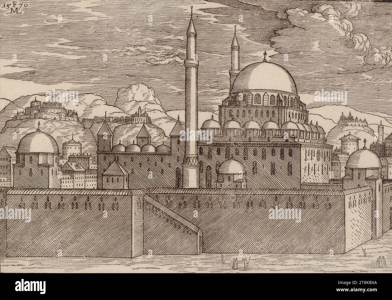Blick auf eine Stadt mit einer großen Moschee und in der Ferne eine kleine Stadt auf dem Berg, gut gearbeitete und geschnittene Figuren Anno 1619, Melchior Lorch, Flensburg um 1527 - nach 1583 Kopenhagen, Rom oder Hamburg, 1570, Druck, Holzschnitt, Blatt: 18,6 x 25,9 cm Stockfoto