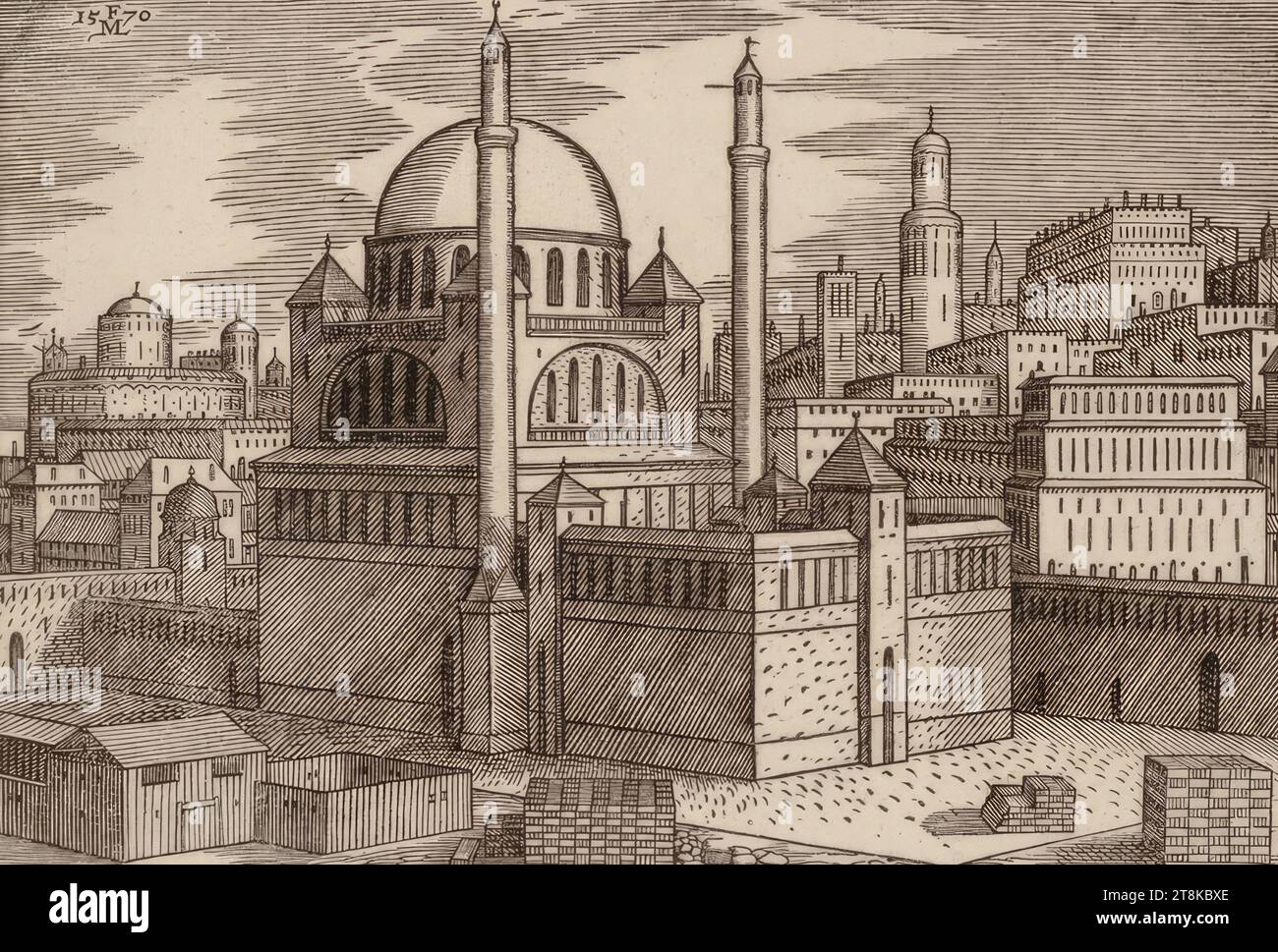 Eine Moschee mit zwei Türmen, dahinter links befinden sich Türmpaläste, gut gearbeitete und geschnittene Figuren Anno 1619, Melchior Lorch, Flensburg um 1527 - nach 1583 Kopenhagen, Rom oder Hamburg, 1570, Druck, Holzschnitt, Blatt: 17, 9' x 10 Stockfoto