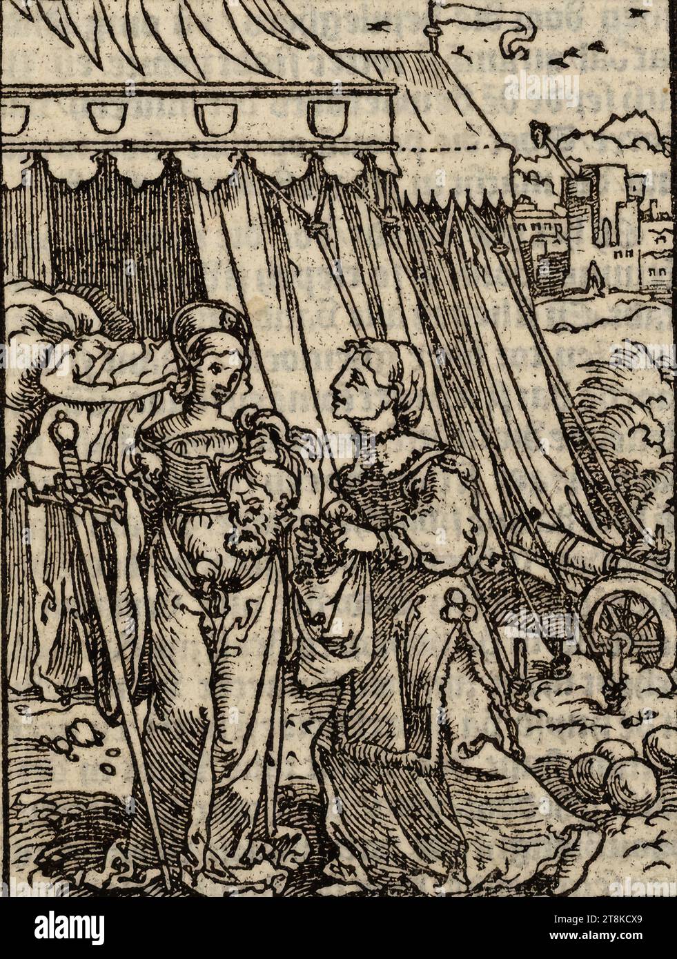 Judith und Holofernes, Vorstermann Bibel, Jan Swart van Groningen, Groningen um 1495 - 1553/73 Antwerpen, 1528/1529, Druck, Holzschnitt, Blatt: 11,2 x 8,7 cm Stockfoto