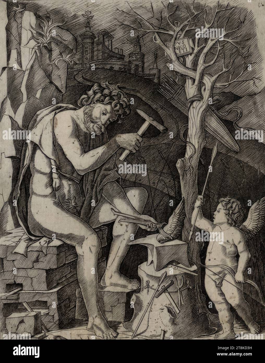 Vulkan schmiedet Cupid's Flügel, Nicoletto da Modena, Italien, urkundlich 1500–1512, erstes Viertel des 16. Jahrhunderts, Druck, Kupferstich Stockfoto