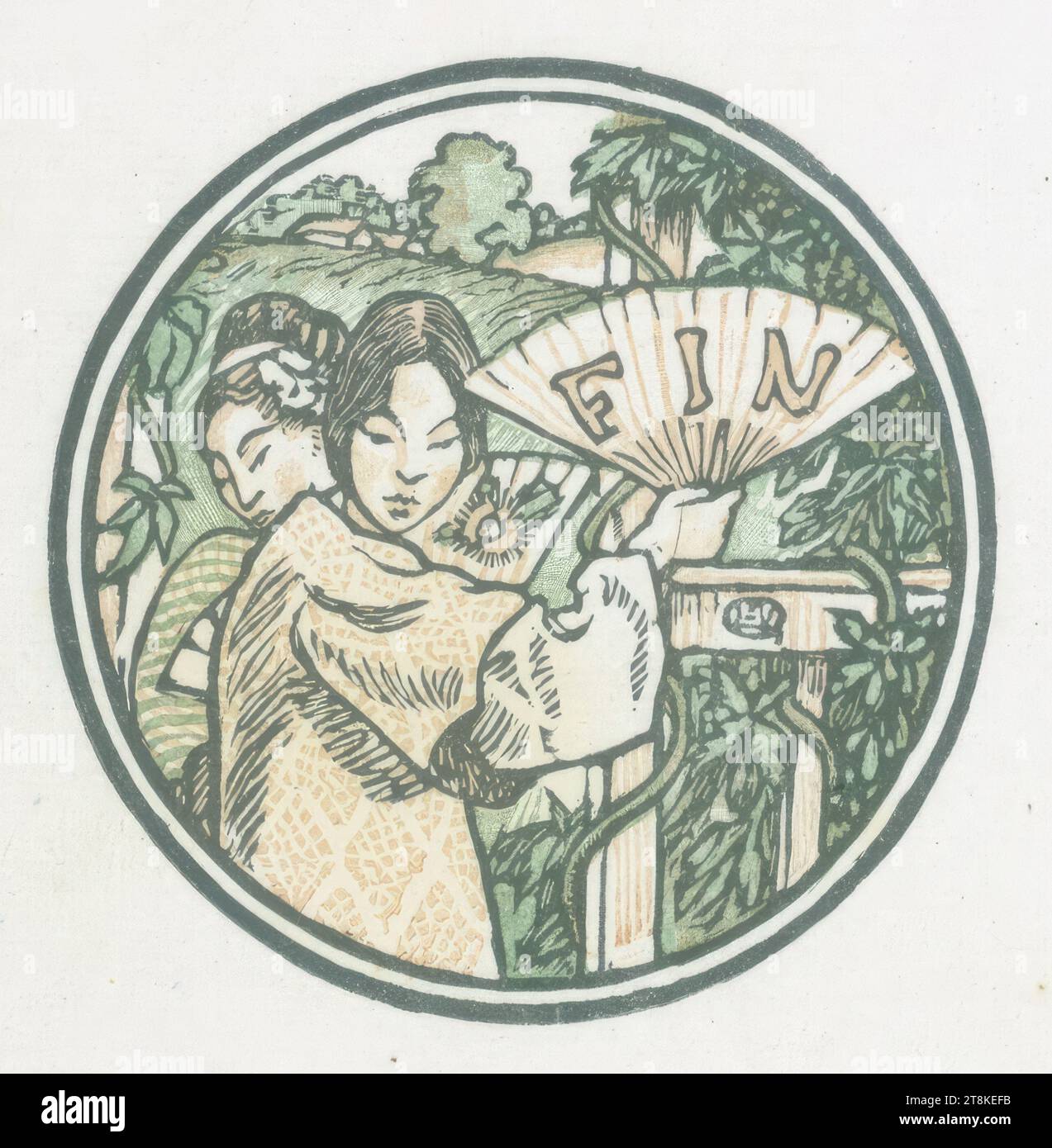 FIN, Girl with a Fan, Le livre de Yade, Lucien Pissarro, Paris 1863 - 1944 Epping, Großbritannien, Druck, Farbholzschnitt; Gold; chinesisches Papier, Platte: 5,6 x 5,6 cm, l.l. '5/12 Stockfoto