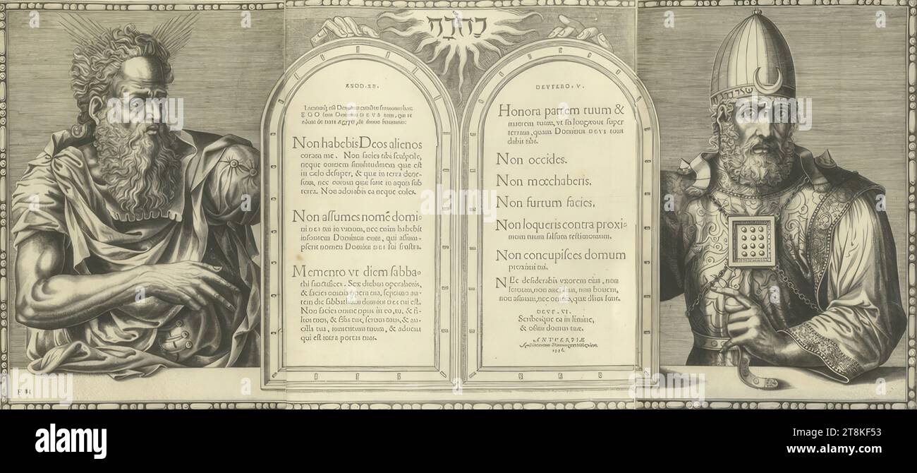 Moses and Aaron, Frans Huys, Antwerpen 1522 - 1562 Antwerpen, Druck, Kupferstich, Seitenteile, Holzschnitt und Buchdruck, Mittelteil, Blatt, dreiteilig, 35,2 x 76,4 cm, verso 'F.H Antverpia Stockfoto