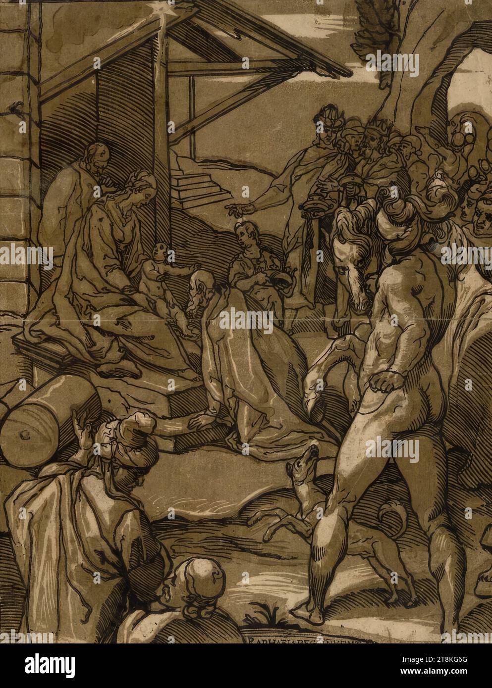 Die Anbetung der Könige, Andrea Andreani, Mantua, zwischen 1541 und 1559, -, zwischen 1623 und 1629, Mantua, um 1585/1586, Druck, clair-obscur Holzschnitt von drei Platten Stockfoto