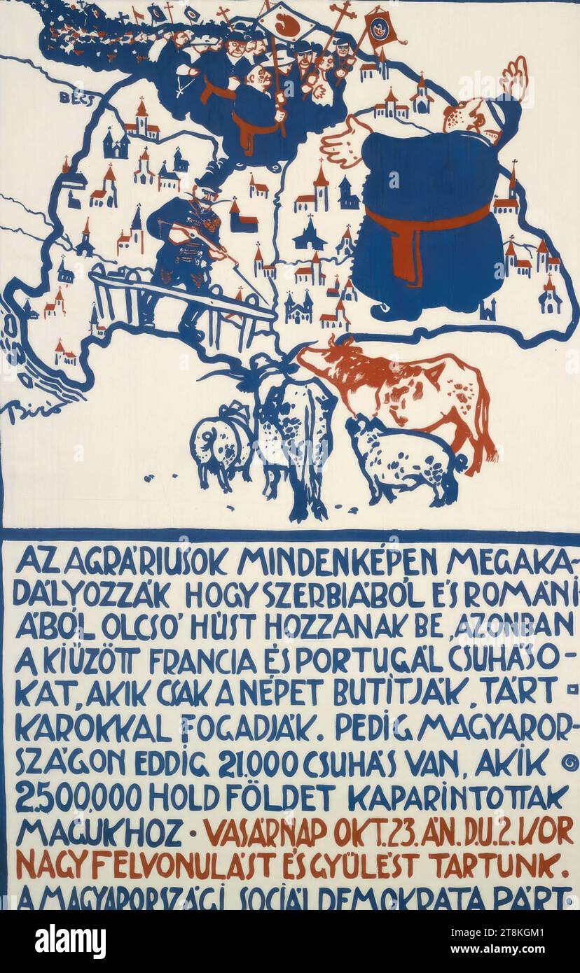 VASÁRNAP OCT. 23. A.N.D.U. 2. KOR, NAGYFELVONULÁST ÉS GYÜLéST TARTUNK, A Magyarországi SOCIALDEMOCRATA PÁRT., Mihály Biró, Budapest 1886 - 1948 Budapest, 1910, Druck, Farblithographie, Blatt: 950 mm x 630 mm, M.u. 'VILÁGOSSÁG R.T.', in Druck, Detailbeschriftung Stockfoto