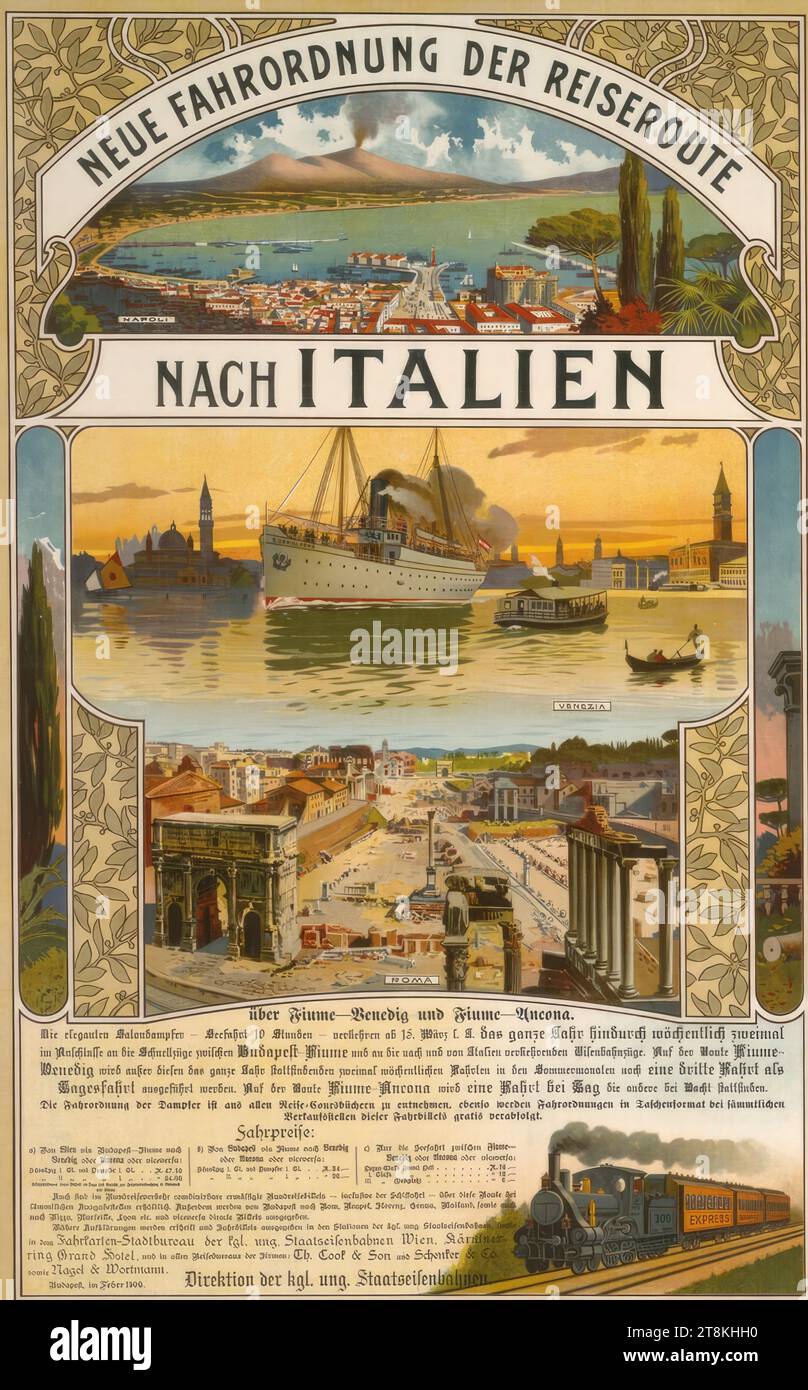 NEUE FAHRVORSCHRIFTEN FÜR DIE ROUTE NACH ITALIEN, Anonym, 1900, Druck, Farblithografie, Blatt: 830 mm x 535 mm, l. l. l. „Budapest, Februar 1900.“, gedruckt Stockfoto