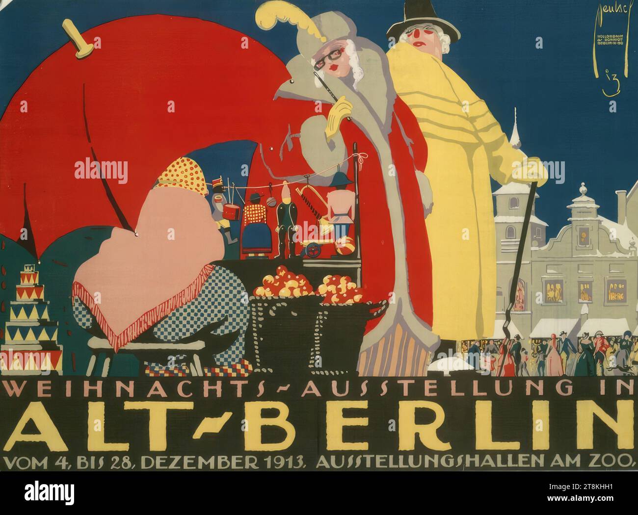 Weihnachtsausstellung in Alt-Berlin; vom 4. Bis 28. Dezember 1913; Ausstellungshallen im Zoo, Ernst Deutsch-Dryden, Wien 1887 - 1938 Los Angeles, 1913, Druck, Farblithographie, Blatt: 70 x 95 cm, gedruckt, M.u. 'WEIHNACHTSAUSSTELLUNG IN / ALT BERLIN / VOM 4. BIS 28. DEZEMBER 1913. AUSSTELLUNGSHALLEN IM ZOO.", gedruckt, Österreich Stockfoto