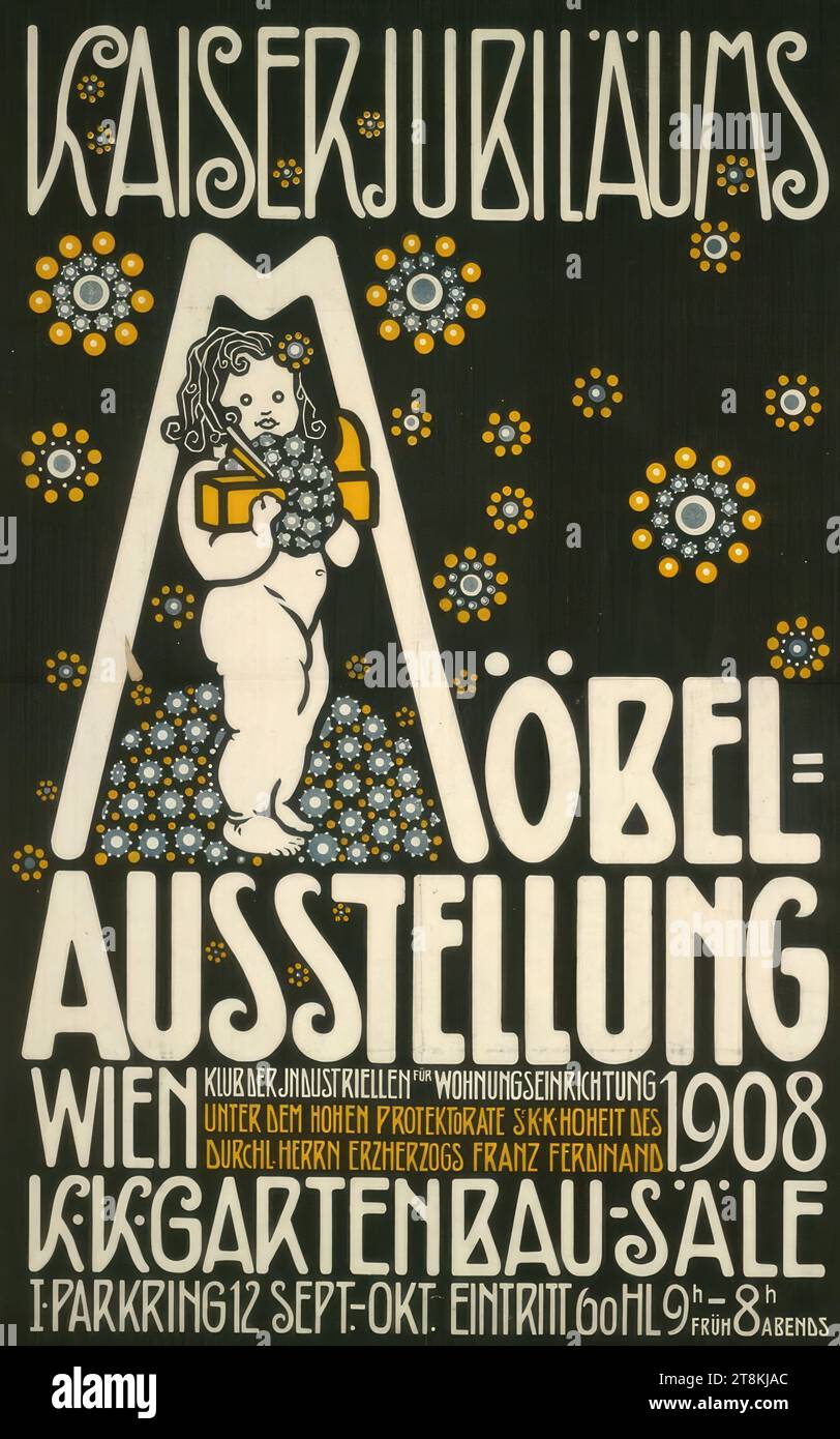 MÖBELAUSSTELLUNG ZUM KAISERJUBILÄUM; WIEN 1908; K. GARTENBAU-Säle, Franz Fiebiger, Ober Johnsdorf, Landskron/Böhmen, 1880 - 1932 Tegernsee, 1908, Druck, Farblithographie, Blatt: 1265 mm x 950 mm, M.O. 'KAISERJUBILÄUM', in Druck, M.u. 'MÖBEL / AUSSTELLUNG / WIEN 1908 / CLUB DER INDUSTRIEINRICHTUNGSGEGENSTÄNDE / UNTER DEM HOCHPROTEKTORAT Sr. KuK. HOHEIT / LEISTUNG HERR ERZHERZOG FRANZ FERDINAND / K.K.GARTENBAU.SÄLE / I.. PARKRING 12. SEPT.-OKT. EINTRAG 60 HL. 9h MORGENS - 8h ABENDS“, in der Presse, r.u. „Ku.K. HOFL. J. WEINER, WIEN.", in Druckschrift, Österreich Stockfoto