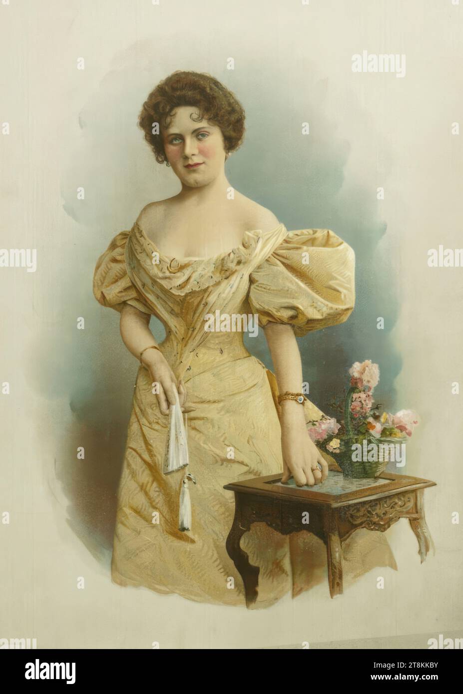 Kniestück einer Dame in Gelb gekleidet, Anonym, um 1900, Druck, Farblithographie; Öldruck, Blatt: 510 mm x 380 mm Stockfoto