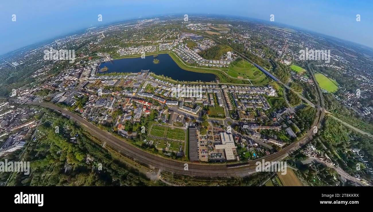 Luftaufnahme, Phoenix Lake, Wohngebiet und Naherholungsgebiet, Globus, Fischaugenaufnahme, 360-Grad-Aufnahme, winzige Welt, Hörde, Dortmund, Ruhrgebiet, N Stockfoto