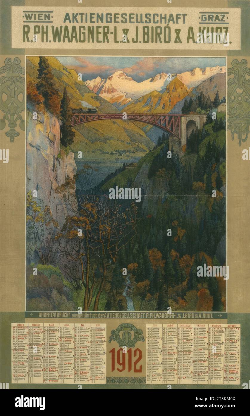 Bildkalender 1912; AKTIENGESELLSCHAFT R. PH. WAAGNER-L. & J. BIRÓ & A. KURZ.; ANGERTALBRÜCKE, Gustav Jahn, Österreich, 1879 - 1919, 1911, Druck, Farblithografie, Blatt: 660 mm x 470 mm Stockfoto
